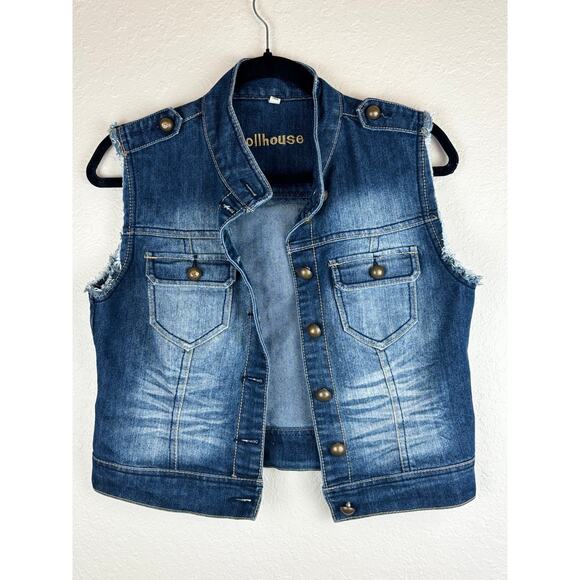 Dollhouse Distressed Denim Vest with Brass Toned Buttons and Frayed Seams Sz. S - Picture 1 of 8